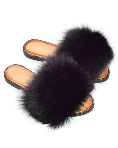 Damen Leder-Pantoffeln mit Fuchsfell in schwarz