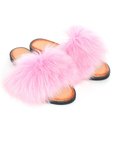 Damen Leder-Pantoffeln mit Fuchsfell in rosa