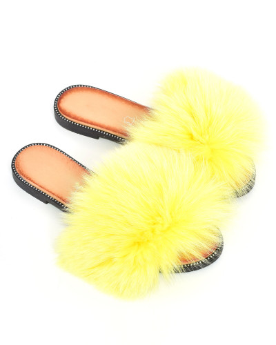 Damen Leder-Pantoffeln mit Fuchsfell in gelb