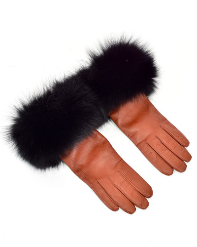 Damenhandschuhe aus rotem Leder mit schwarz Fuchsfell