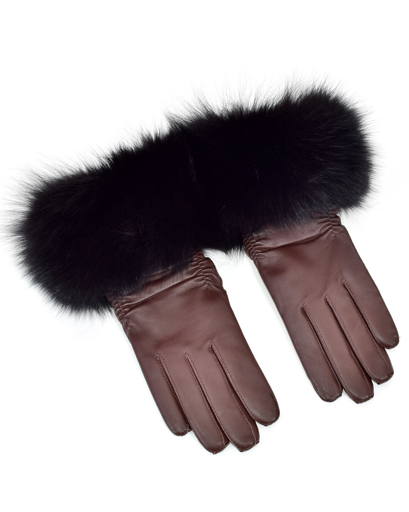 Braune Lederhandschuhe für Damen mit schwarz Fuchsfell