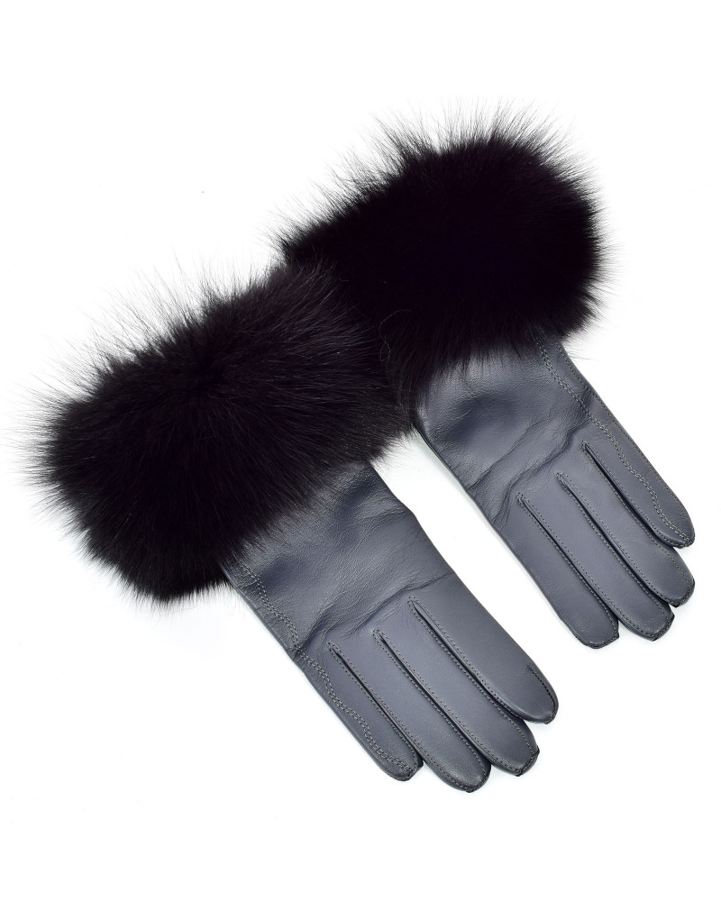 Damenhandschuhe aus Graphitleder mit schwarz Fuchsfell