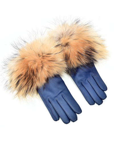 Damenhandschuhe aus blauem Leder mit Finnraccoon Fell
