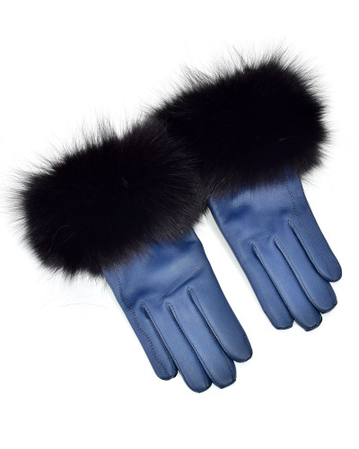 Damenhandschuhe aus blauem Leder mit schwarz Fuchsfell