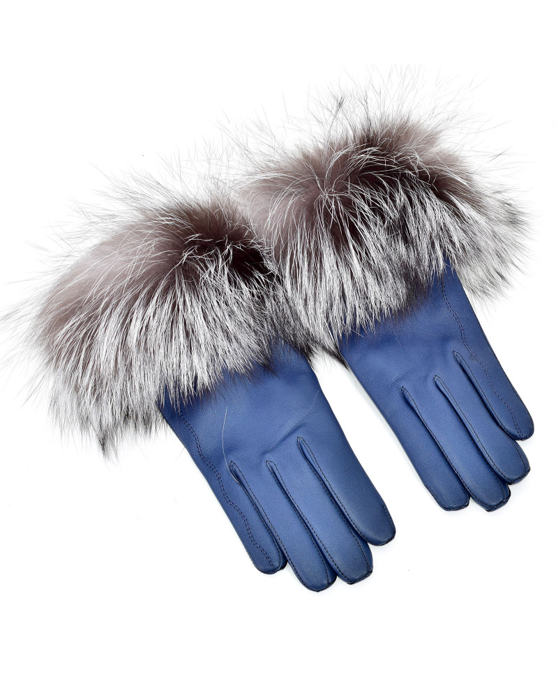 Damenhandschuhe aus blauem Leder mit Silberfuchsfell