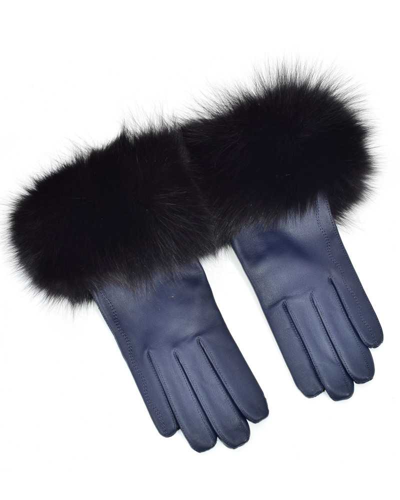 Marineblaue Lederhandschuhe für Damen mit schwarz Fuchsfell