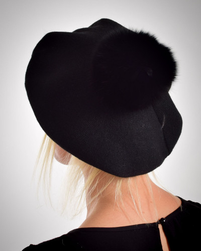 Damen Baskenmütze aus Wolle mit Fuchsfell Bommel, schwarz