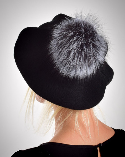 Damen Baskenmütze aus Wolle mit Fuchsfell Bommel, schwarz