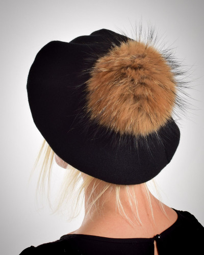 Damen Baskenmütze aus Wolle mit Finnraccoon Bommel, schwarz