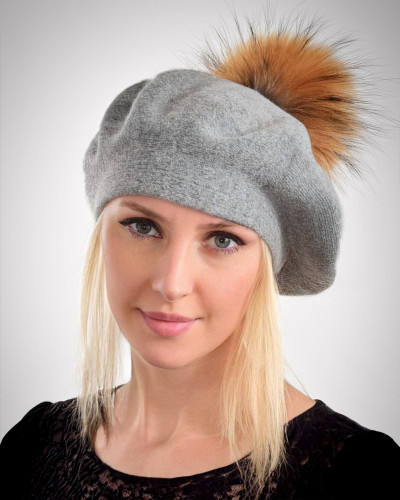Damen Baskenmütze aus Wolle mit Finnraccoon Bommel, Grau
