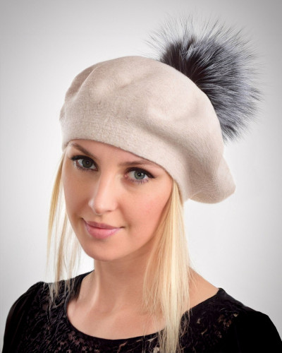 Damen Baskenmütze aus Wolle mit Fuchsfell Bommel, Beige