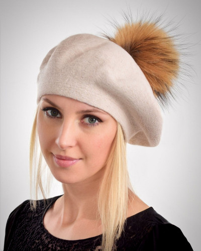 Damen Baskenmütze aus Wolle mit Finnraccoon Bommel, Beige