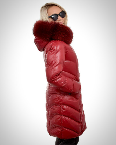 Damen rot gesteppten Mantel mit Kapuze aus Waschbär