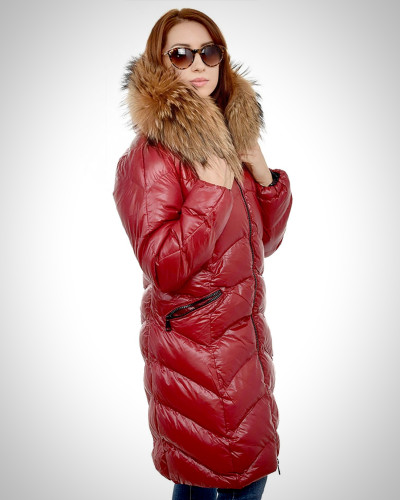 Damen rot gesteppten Mantel mit Kapuze aus Waschbär
