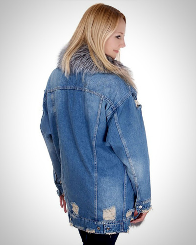 Jeansjacke mit Kragen und Vorderseite aus Silberfuchsfell