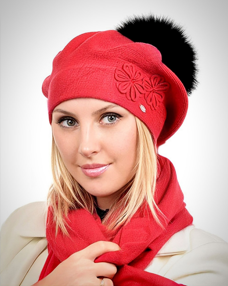 Rot Wolle Barett Mütze mit schwarzem Bommel ABELIA