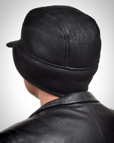 Schwarz Kappe aus Lammfell I Mütze mit Schirm