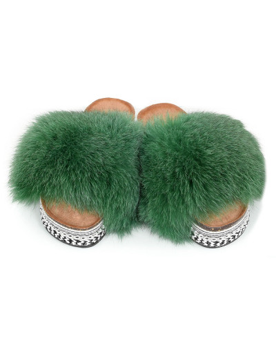 Damen Plateau Pantoffeln mit grün Fell und Nieten